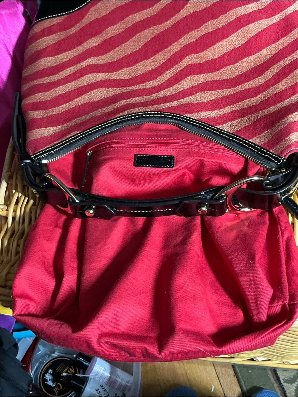 Dooney & Bourke Red and Beige Zebra Stripe Tote with Patent Black Trim - Picture 11 of 16